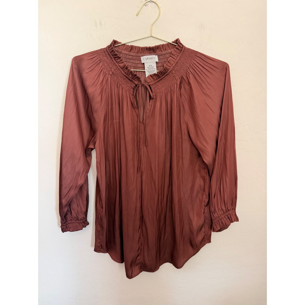 Carmen Marc Valvo Womens Mauve Smocked Neck Satin Blouse Size Medium Tie Front
